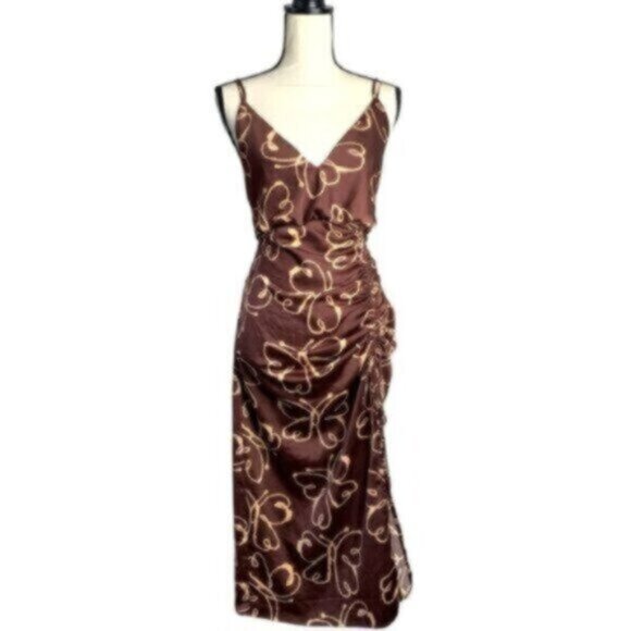 Urban Outfitters Brown & Cream Plunged Neckline Midi Dress - Picture 1 of 11